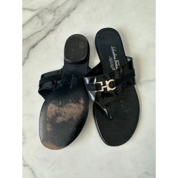 SALVATORE FERRAGAMO Black Silver Logo Buckle Sandals Size 38 - Picture 10 of 11
